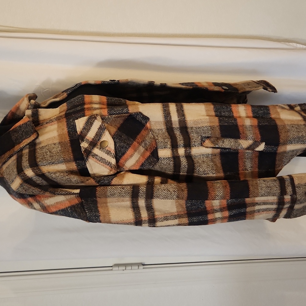 Flannel Button Down Shirt, Boyfriend Long Sleeve, Oversized, Brown/Orange, S - Picture 16 of 17